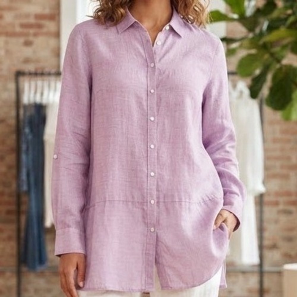 Tahari 100% Linen Lavender Purple Roll Tab Sleeve Button Down Tunic Top 1X